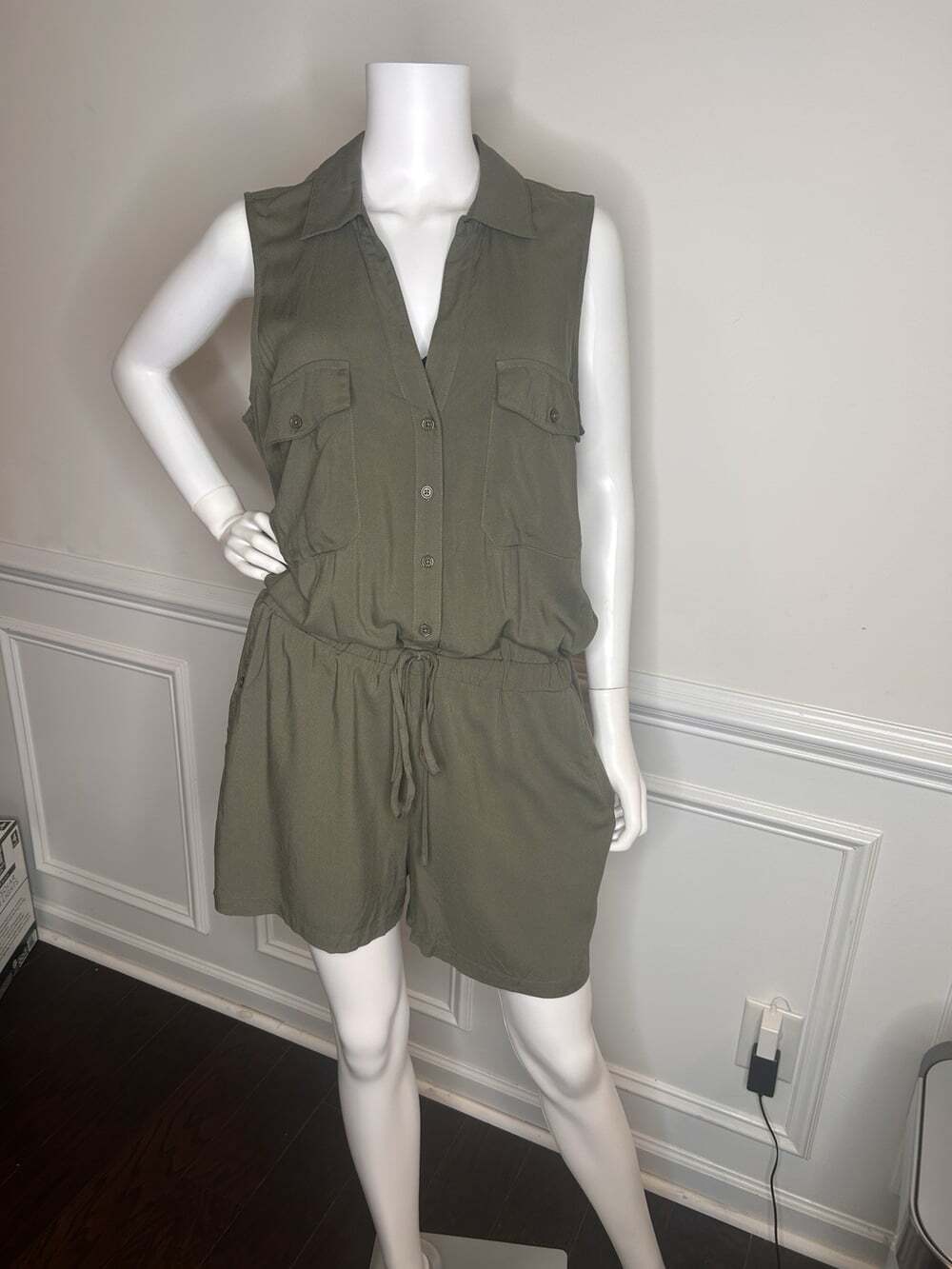 Lascana Sleeveless Drawstring Romper, Olive Green, Sz.12 - Picture 9 of 15